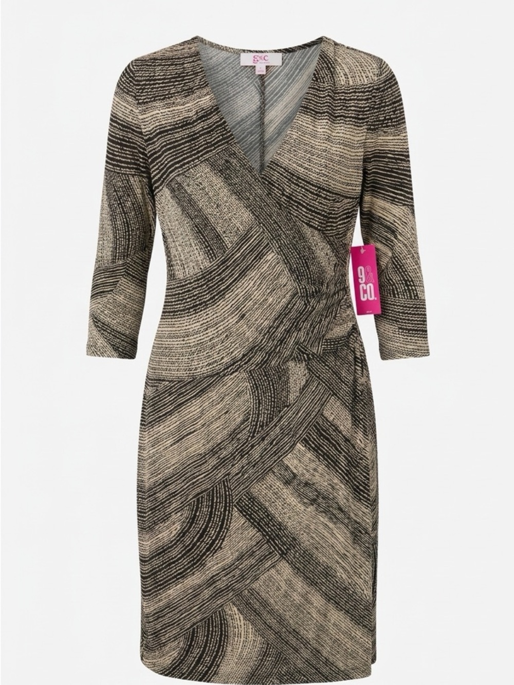 9 & Co. Beige and Black Faux-Wrap Midi Dress